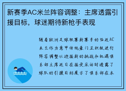新赛季AC米兰阵容调整：主席透露引援目标，球迷期待新枪手表现