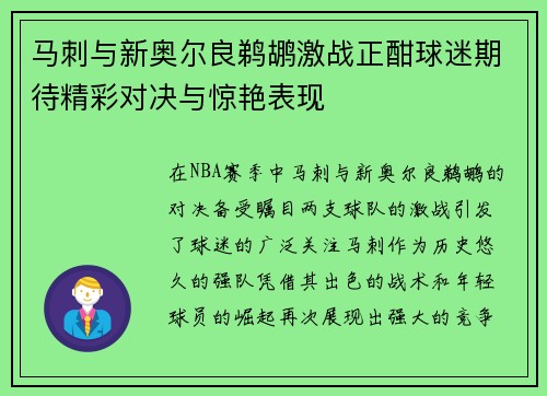 马刺与新奥尔良鹈鹕激战正酣球迷期待精彩对决与惊艳表现